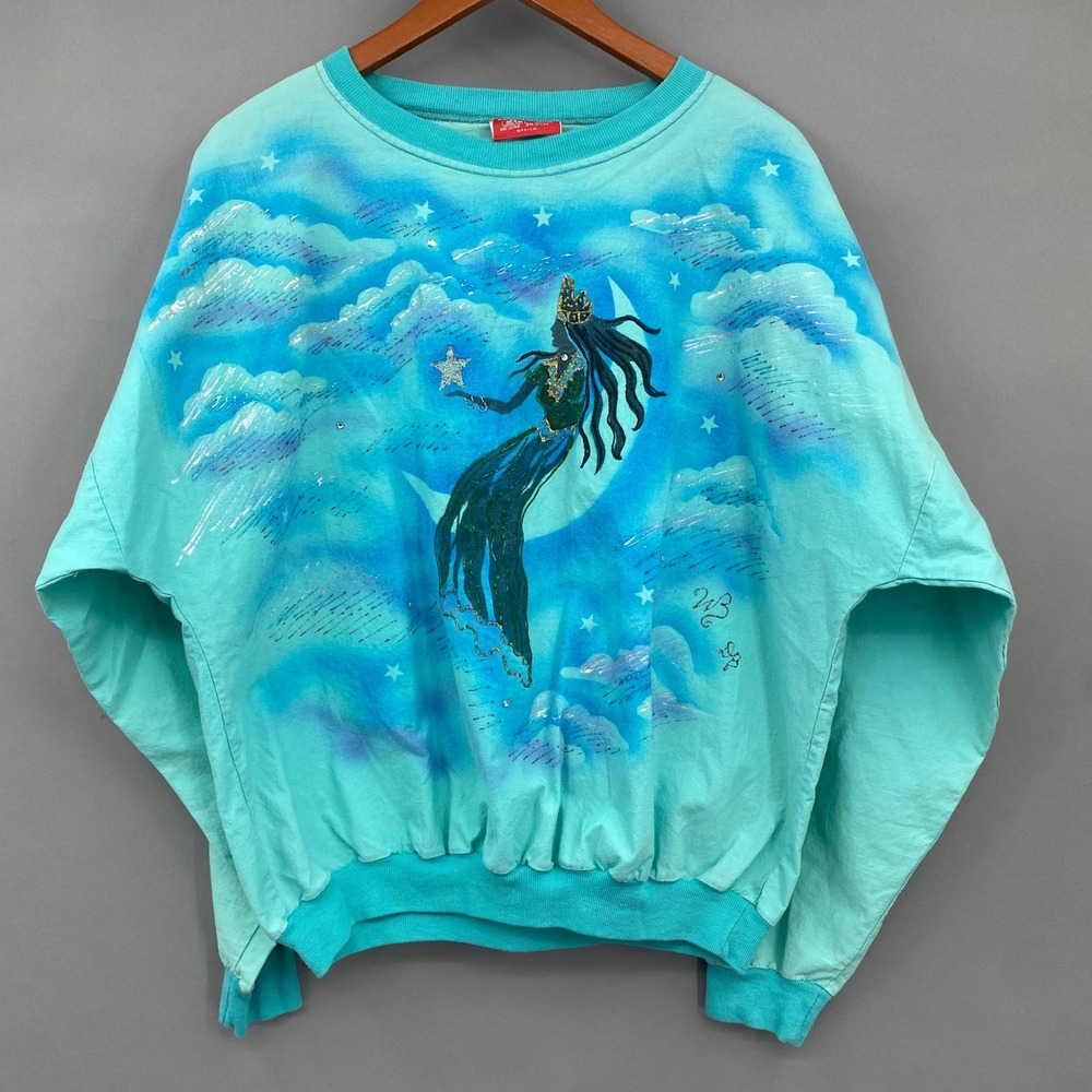 Cotton Tops Vintage Mermaid Star Celestial Graphic Sweatshirt Turquoise Medium